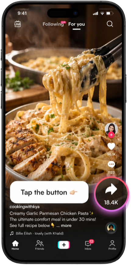 A TikTok recipe video with the Share button highlighted